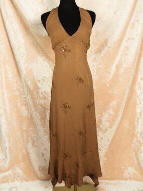 Altar'd State Cocoa Brown Embroidered Halter Maxi Dress